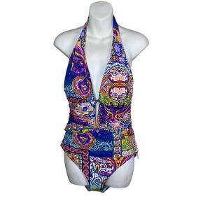 NWT Bleu Rod Beattie One Piece Swimsuit Size 12 – Colorful Halter‎ Keyhole
